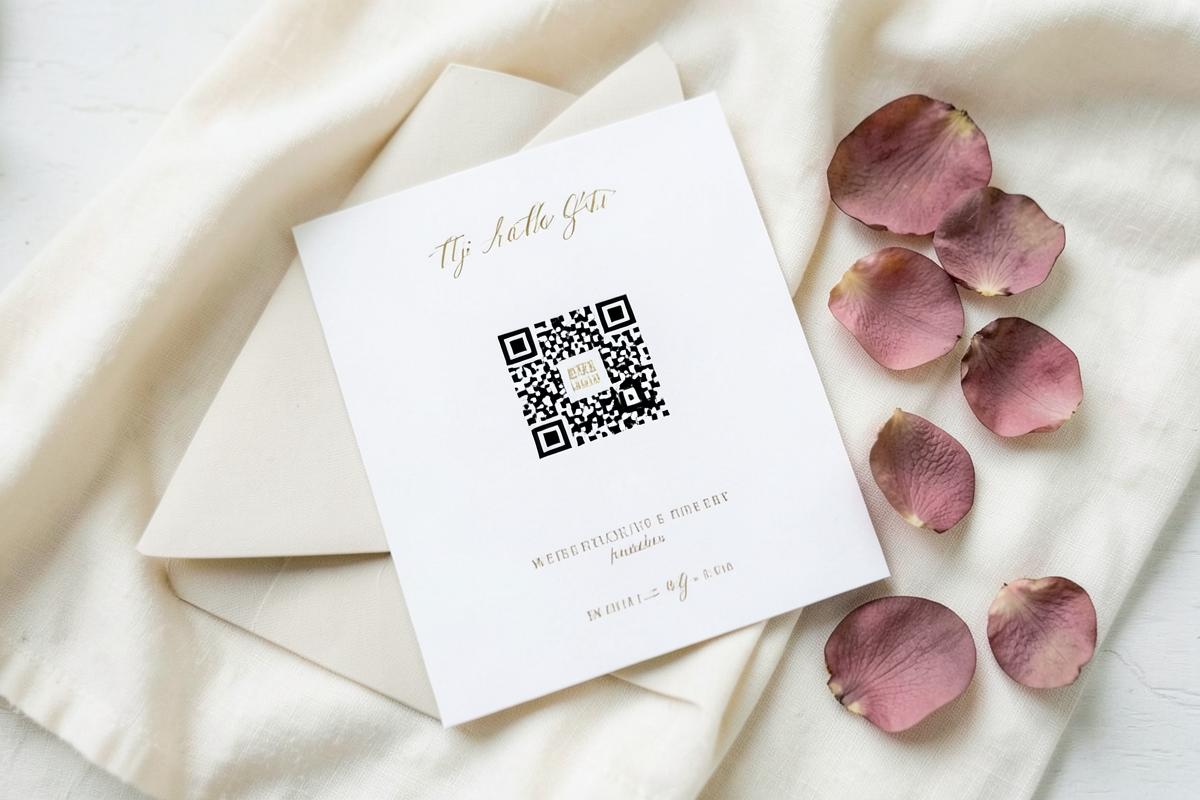 بطاقة هدية أنيقة تحمل رمز QR بجانب بتلات ورد